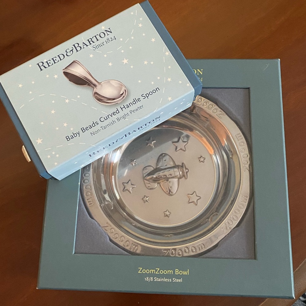 Reed and Barton pewter baby zoom zoom bowl and beaded spoon NWT